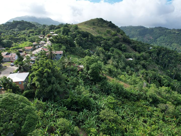 Comunidad rural en una ladera verde del interior del país